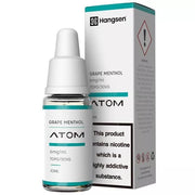 A bottle of Grape Menthol Hangsen e-liquid next to its packaging box, which also contains a warning about nicotine content.